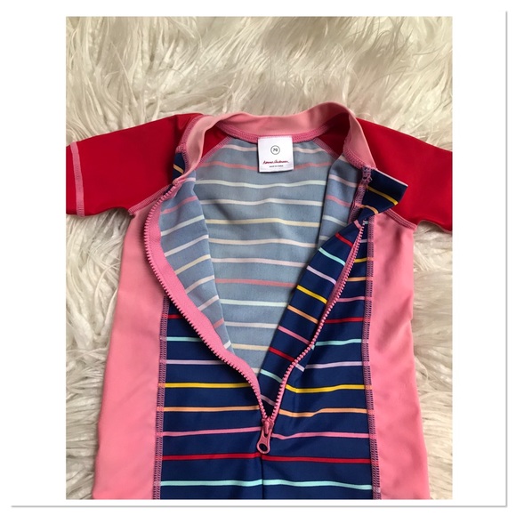 Hanna Andersson One Piece Swimsuit Rashguard Pink Red Striped Size 70/ 6-12M - Picture 2 of 5